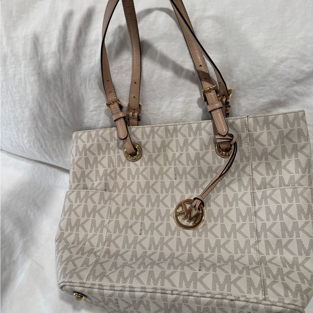 Michael Kors Cream Shoulder Bag and Wallet with Monogram Pattern